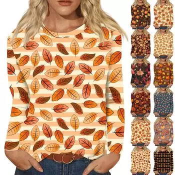 Женская мода повседневная с длинным рукавом и принтом в честь Дня благодарения с круглым вырезом свободный топ S коричневый