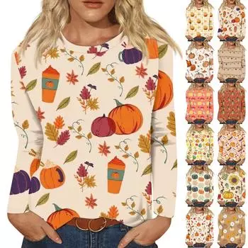 Женская мода повседневная с длинным рукавом и принтом в честь Дня благодарения с круглым вырезом свободный топ XXXXL красный