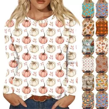 Женская мода повседневная с длинным рукавом и принтом в честь Дня благодарения с круглым вырезом свободный топ XXL шафрановый