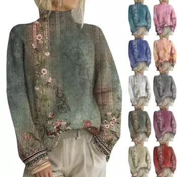 Женская мода повседневная с длинным рукавом и принтом, с высоким воротом, шерстяной трикотаж L синий