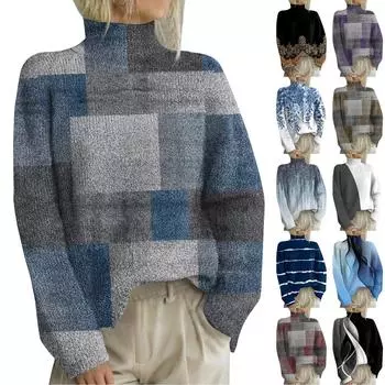 Женская мода повседневная с длинным рукавом и принтом, с высоким воротом, шерстяной трикотаж L чёрный