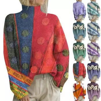 Женская мода повседневная с длинным рукавом и принтом, с высоким воротом, шерстяной трикотаж S