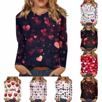 Женская мода повседневная с длинным рукавом и принтом ко Дню святого Валентина с круглым вырезом XL