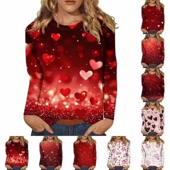 Женская мода повседневная с длинным рукавом и принтом ко Дню святого Валентина с круглым вырезом S розовый