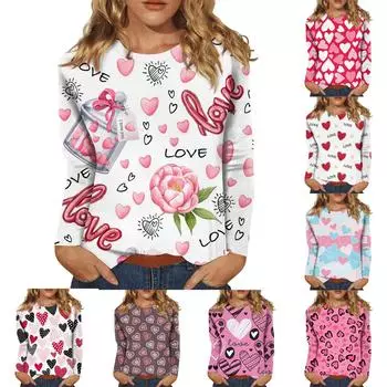 Женская мода повседневная с длинным рукавом и принтом ко Дню святого Валентина с круглым вырезом XXL красный