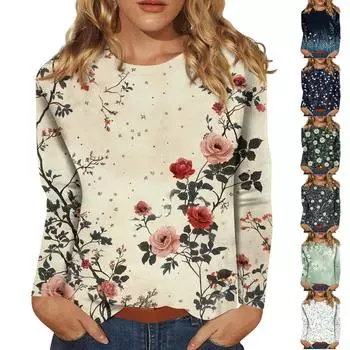 Женская мода повседневная с длинным рукавом и цветочным принтом с круглым вырезом L армия зеленый