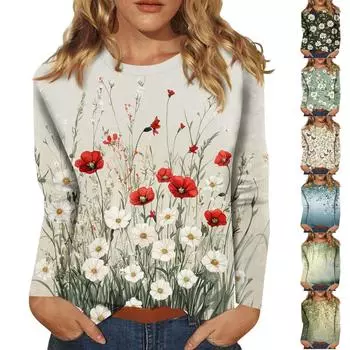 Женская мода повседневная с длинным рукавом и цветочным принтом с круглым вырезом L армия зеленый