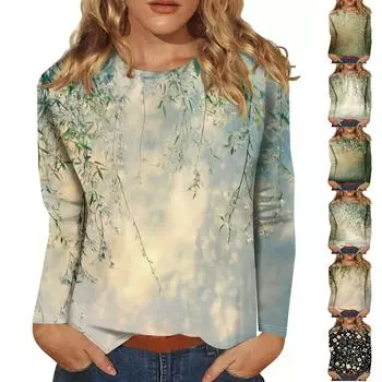 Женская мода повседневная с длинным рукавом и цветочным принтом с круглым вырезом XXXL