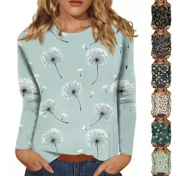 Женская мода повседневная с длинным рукавом и цветочным принтом с круглым вырезом L чёрный