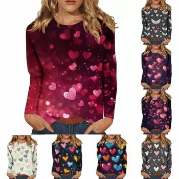 Женская мода повседневная с длинным рукавом и принтом ко Дню святого Валентина с круглым вырезом XXL