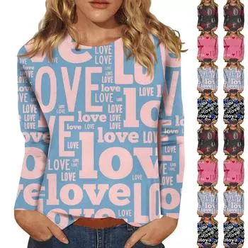 Женская мода повседневная с длинным рукавом ко Дню святого Валентина с принтом в виде круглого выреза и длинными рукавами XL синий