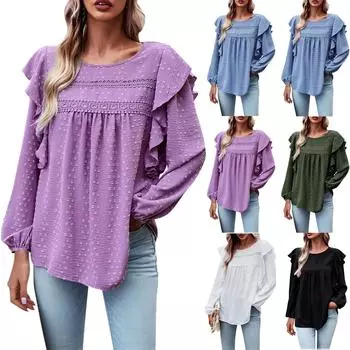 Женская мода повседневная с длинным рукавом однотонный темпераментный топ с длинным рукавом круглый вырез оборка топ XL чёрный