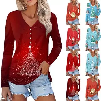 Женская мода повседневная с длинным рукавом рождественский принт V-образный вырез на пуговицах L