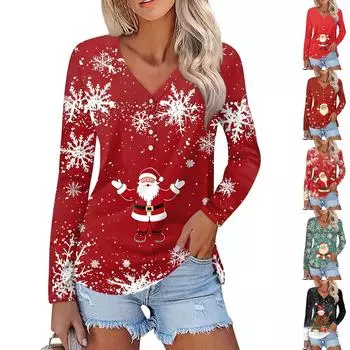 Женская мода повседневная с длинным рукавом рождественский принт V-образный вырез на пуговицах XL