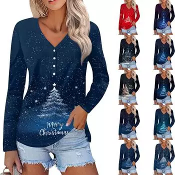 Женская мода повседневная с длинным рукавом рождественский принт V-образный вырез на пуговицах XXL