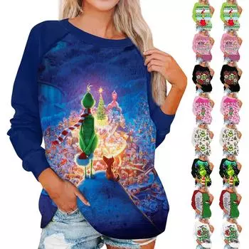 Женская мода повседневная с длинным рукавом рождественский принт круглый вырез длинный рукав топ S красный