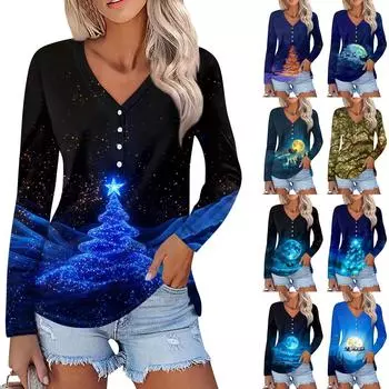 Женская мода повседневная с длинным рукавом рождественский принт V-образный вырез на пуговицах XXXL