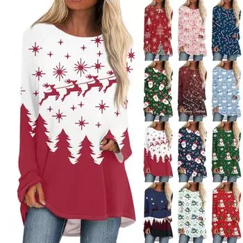 Женская мода повседневная с длинным рукавом рождественский принт круглый вырез длинный топ S винный