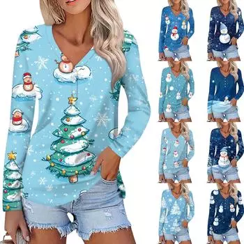 Женская мода повседневная с длинным рукавом рождественский принт V-образный вырез на пуговицах L красный