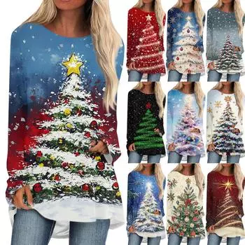 Женская мода повседневная с длинным рукавом рождественский принт круглый вырез длинный топ M хаки