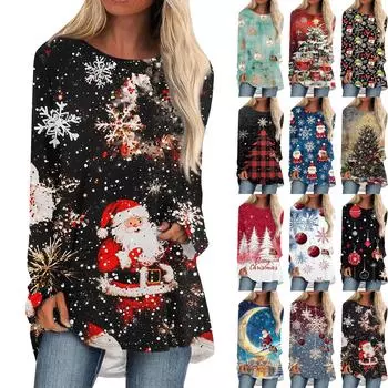 Женская мода повседневная с длинным рукавом рождественский принт круглый вырез длинный топ XXXL синий