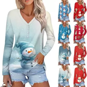 Женская мода повседневная с длинным рукавом рождественский принт V-образный вырез на пуговицах M красный