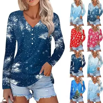 Женская мода повседневная с длинным рукавом рождественский принт V-образный вырез на пуговицах XL
