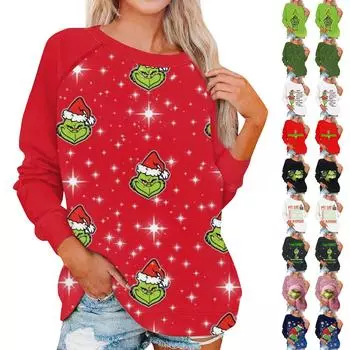 Женская мода повседневная с длинным рукавом рождественский принт круглый вырез длинный рукав топ L