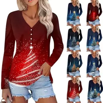 Женская мода повседневная с длинным рукавом рождественский принт V-образный вырез на пуговицах XXXL