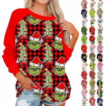 Женская мода повседневная с длинным рукавом рождественский принт круглый вырез длинный рукав топ L