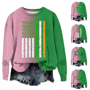 Женская мода повседневная с круглым вырезом свободный длинный рукав St. Свитшот с градиентным принтом ко Дню Святого Патрика L чёрный