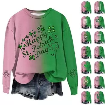Женская мода повседневная с круглым вырезом свободный длинный рукав St. Свитшот с градиентным принтом ко Дню Святого Патрика L армия зеленый