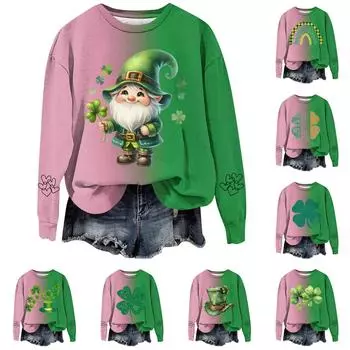 Женская мода повседневная с круглым вырезом свободный длинный рукав St. Свитшот с градиентным принтом ко Дню Святого Патрика M