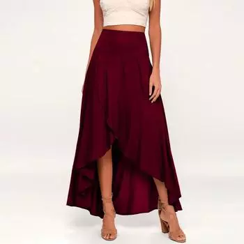 Женская мода, повседневная, с рюшами, темпераментная, элегантная, нерегулярная, драпированная, однотонная юбка L винный