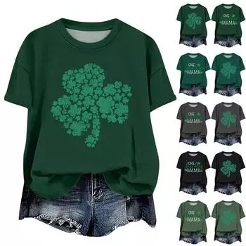 Женская мода повседневная с заниженной линией плеча короткая St. Футболка с круглым вырезом и принтом ко Дню Святого Патрика M зелёный