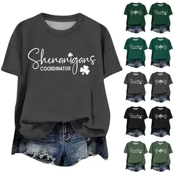 Женская мода повседневная с заниженной линией плеча короткая St. Футболка с круглым вырезом и принтом ко Дню Святого Патрика XXXL