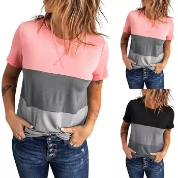 Женская мода, повседневная сексуальная футболка с коротким рукавом и цветными блоками L чёрный