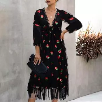 Женская мода повседневная сексуальная клубника сладкая сетка пряжа V-образным вырезом плиссированная длинная юбка L чёрный