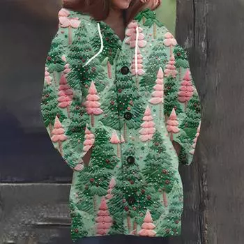 Женская мода повседневная шерстяная вязка с капюшоном и пуговицами с длинным рукавом L армия зеленый