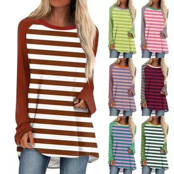 Женская мода повседневная спущенная линия плеча с длинным рукавом миди полосатый принт топ XXL