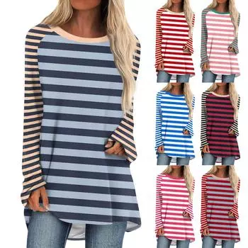 Женская мода повседневная спущенная линия плеча с длинным рукавом миди полосатый принт топ L горячий розовый