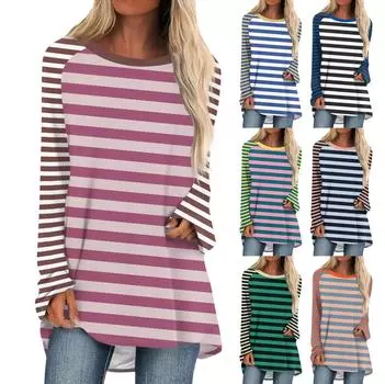 Женская мода повседневная спущенная линия плеча с длинным рукавом миди полосатый принт топ XXXL