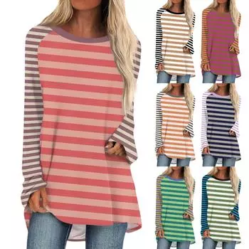 Женская мода повседневная спущенная линия плеча с длинным рукавом миди полосатый принт топ XXXL