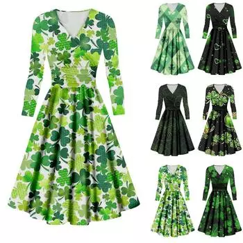 Женская мода повседневная St. Сексуальное платье с принтом «День Патрика» с длинными рукавами и V-образным вырезом L армия зеленый