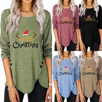 Женская мода, повседневная свободная футболка с длинными рукавами и рождественским принтом лося, веселыми рождественскими пуговицами L зелёный