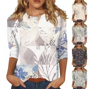 Женская мода, повседневная свободная футболка с круглым вырезом и рукавами 3/4, женский топ, пуловер с рукавами три четверти, топ L