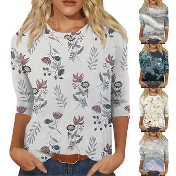 Женская мода, повседневная свободная футболка с круглым вырезом и рукавами 3/4, женский топ, пуловер с рукавами три четверти, топ L бежевый