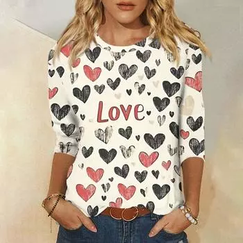 Женская мода, повседневная свободная футболка с принтом на День святого Валентина и круглым вырезом, рукав 3/4, женский топ L чёрный