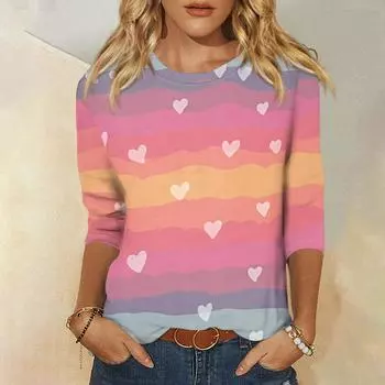 Женская мода, повседневная свободная футболка с принтом на День святого Валентина и круглым вырезом, рукав 3/4, женский топ L зелёный