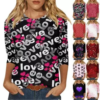 Женская мода, повседневная свободная футболка с принтом на День святого Валентина и круглым вырезом, рукав 3/4, женский топ XXL чёрный